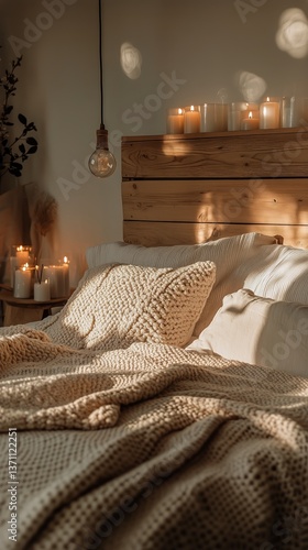 Cozy Bedroom Setup With Candles, Soft Textiles, and Natural Dcor Elements Inv...
