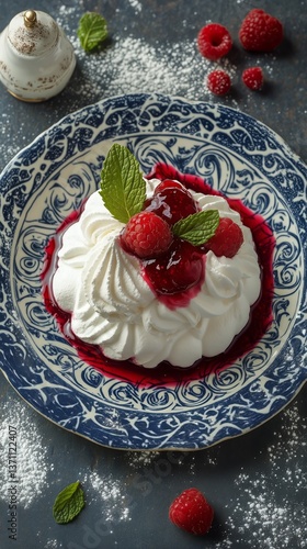 Raspberry Dessert With Whipped Cream Served on a Decorative Plate in a Charmi...
