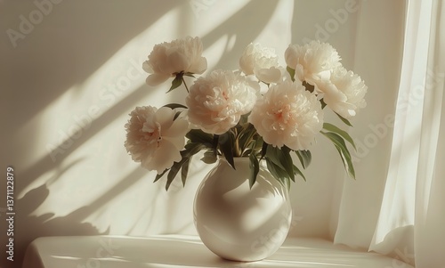 Beautiful Pink Peonies in a Vase With Soft Lighting and Delicate Fabric Backdrop