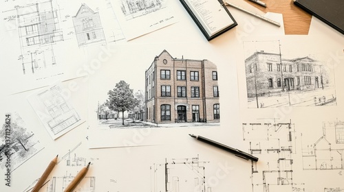 Architectural drawings, building sketches, design process.