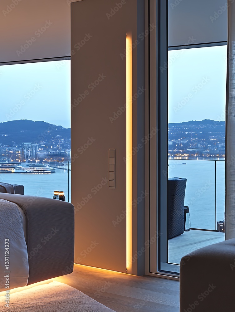Fototapeta premium Modern bedroom with city view, and night.