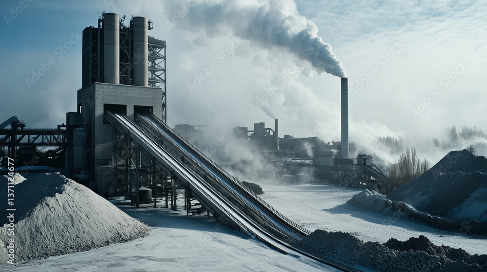 A large-scale industrial cement factory with miles of conveyor belts looping around heavy processing machinery, towering kilns emitting faint heat waves, and a haze of dust in the