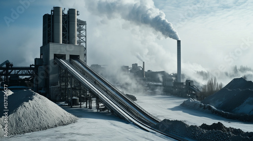 Obraz na płótnie A large-scale industrial cement factory with miles of conveyor belts looping around heavy processing machinery, towering kilns emitting faint heat waves, and a haze of dust in the w salonie