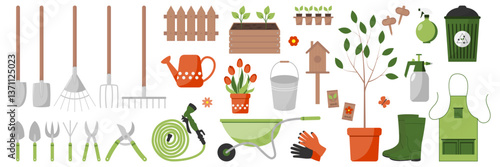 Large set of garden tools and equipment. Gardening concept. Design elements for print, packaging or stickers. Vector illustration