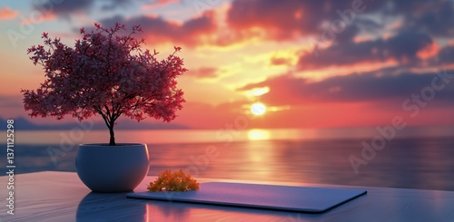 Colorful Sunset Overlooking Ocean With Blooming Tree in a Serene Setting