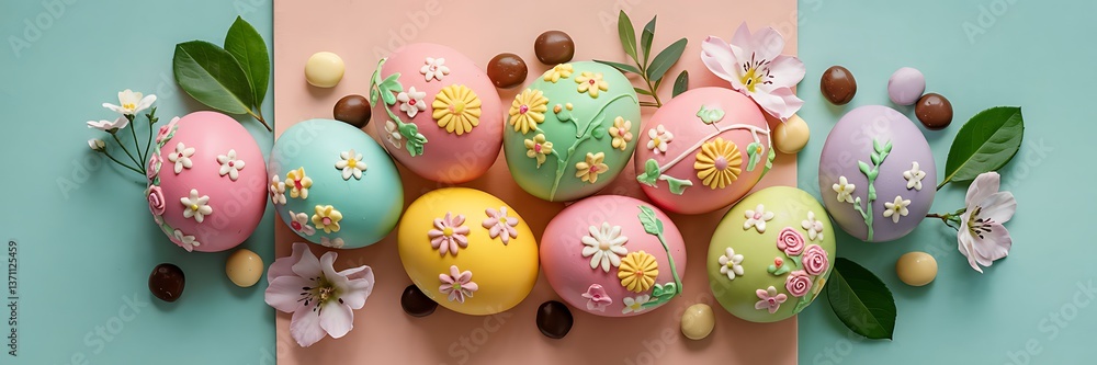 Elegant Pastel Easter Eggs Decorated with Delicate Floral Designs Arranged on Soft Peach Background with Chocolate Candies Green Leaves Spring Flowers Perfect for Easter Holiday Visuals Background Elegant Pastel Easter Eggs Decorated with Delicate Floral Designs Arranged on Soft Peach Background with Chocolate Candies Green Leaves Spring Flowers Perfect for Easter Holiday Visuals Background