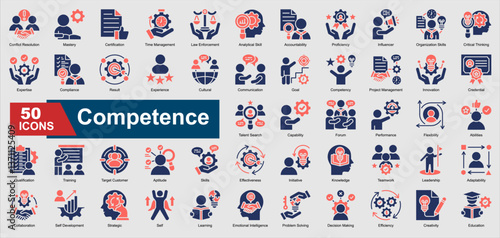 A collection set of colorful glyph style Competence icons. Includes expertise, proficiency, leadership, problem solving, training, and more. Perfect for illustration and design.