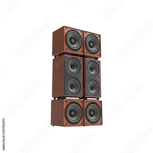 Six large speaker units are stacked on top of each other, showcasing their sleek design and inviting auditory experiences.