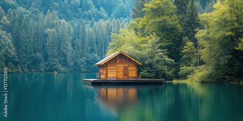 Cozy Wooden Cabin on Tranquil Lake Surrounded by Lush Green Forest in Early M...