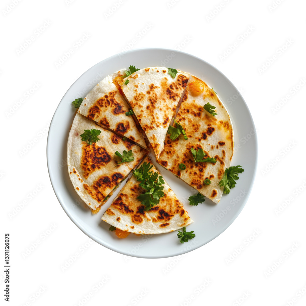 Crispy quesadilla slices are garnished with fresh cilantro, presented in a circular pattern on a white plate against a plain background. Crispy quesadilla slices are garnished with fresh cilantro, presented in a circular pattern on a white plate against a plain background.