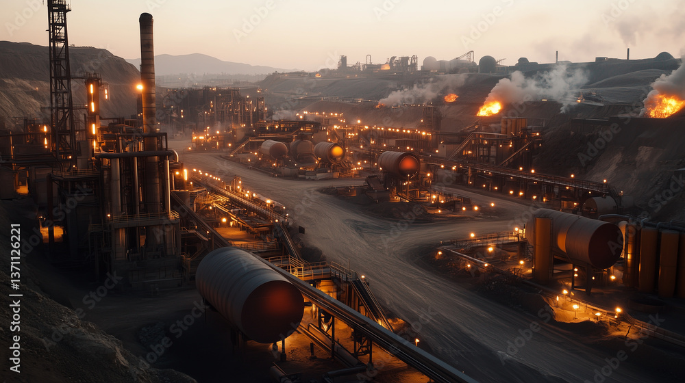 Expansive shot of a large cement factory yard, with rotating drums, glowing kilns, and heavy-duty conveyor belts weaving throughout the dusty, industrial environment