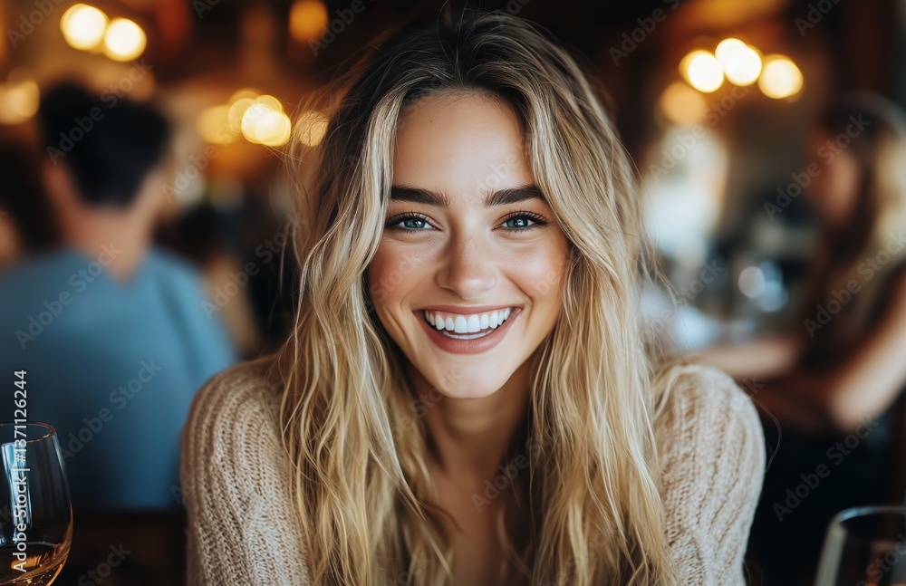 Smiling Woman With Long Hair Enjoying Time at Cozy Restaurant During Evening Smiling Woman With Long Hair Enjoying Time at Cozy Restaurant During Evening