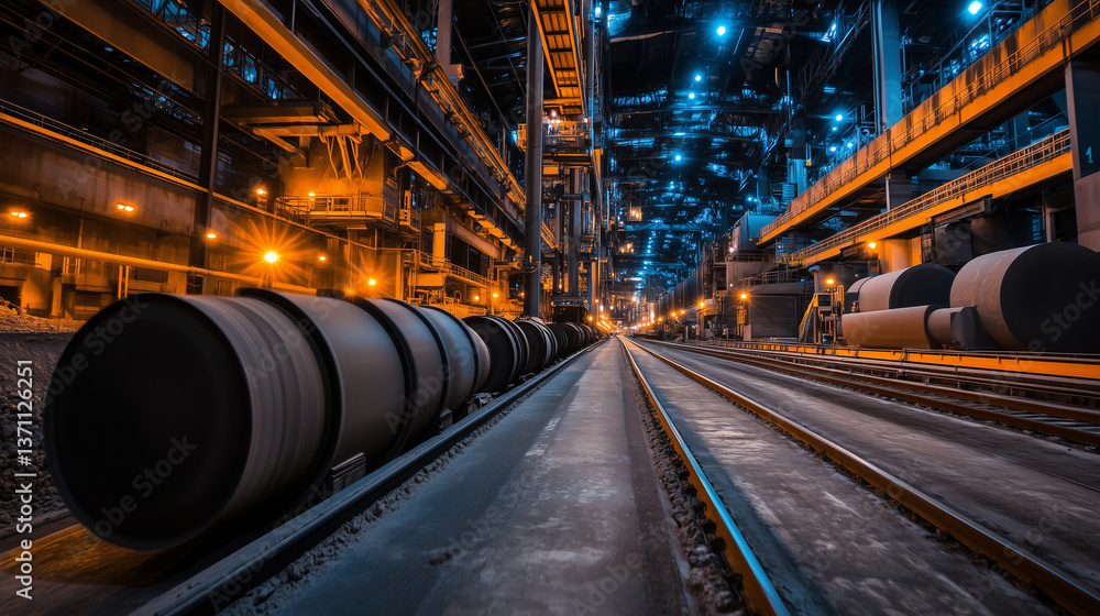 Wide-angle industrial scene of colossal cement production equipment, where mixers churn loudly, kilns glow with intense heat, and conveyor belts stretch overhead and around the pla Wide-angle industrial scene of colossal cement production equipment, where mixers churn loudly, kilns glow with intense heat, and conveyor belts stretch overhead and around the pla