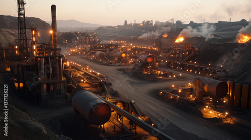 Obraz na płótnie Expansive shot of a large cement factory yard, with rotating drums, glowing kilns, and heavy-duty conveyor belts weaving throughout the dusty, industrial environment w salonie