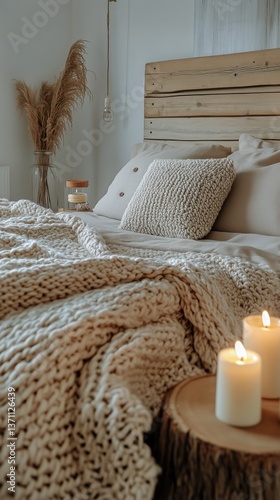 Cozy Bedroom Setup With Candles, Soft Textiles, and Natural Dcor Elements Inv...