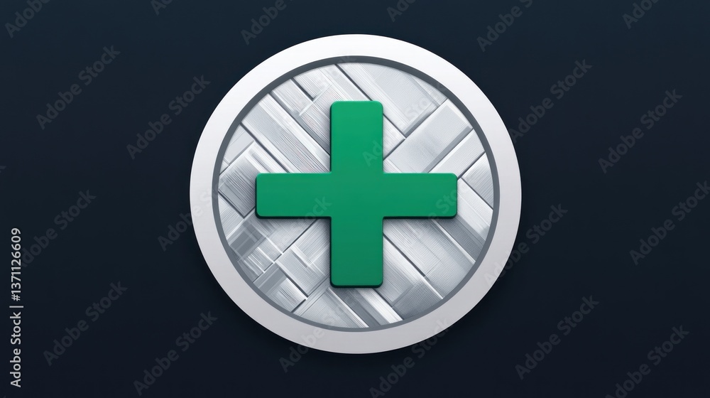 Obraz premium Green Plus Sign on Metallic Circular Background for Technology and Medical Themes