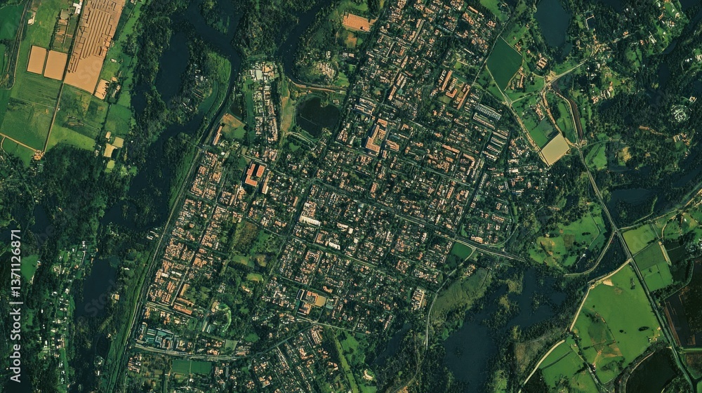 Fototapeta premium Aerial View of a Town Nestled in Lush Green Landscape