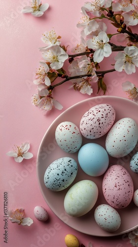 Colorful Easter Eggs Arranged on a Pastel Plate With Cherry Blossom Branches ...