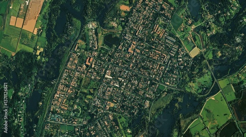 Aerial View of a Town Nestled in Lush Green Landscape