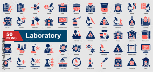 A collection set of colorful glyph style Laboratory icons. Includes microscope, beaker, scientist, experiment, research, and more. Perfect for illustration and design.