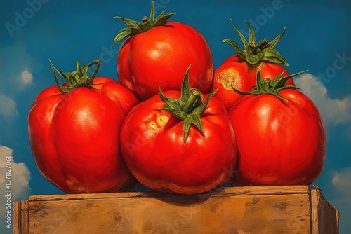 Fresh, vibrant tomatoes piled high in a wooden crate against a backdrop of a vivid blue sky
