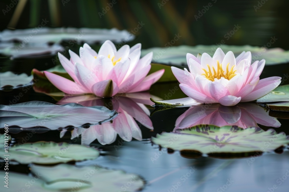 Two pink water lilies with yellow centers float serenely on a still pond, Water lilies floating peacefully on the tranquil water Two pink water lilies with yellow centers float serenely on a still pond, Water lilies floating peacefully on the tranquil water