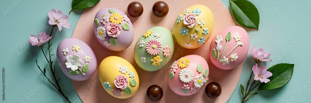 Elegant Pastel Easter Eggs Decorated with Delicate Floral Designs Arranged on Soft Peach Background with Chocolate Candies Green Leaves Spring Flowers Perfect for Easter Holiday Visuals Background Elegant Pastel Easter Eggs Decorated with Delicate Floral Designs Arranged on Soft Peach Background with Chocolate Candies Green Leaves Spring Flowers Perfect for Easter Holiday Visuals Background