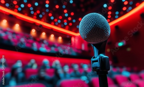 Close-up of Microphone in Empty Theater With Red Seats Before Performance Begins