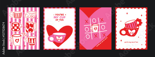 Abstract cute posters in minimalist retro style – Tea cups and cozy mugs. Playful wall decor, trendy Valentine poster in the cartoon style of Matisse. Decor of wallpaper, walls, print and postcards