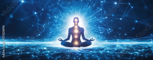 Meditation with Glowing Chakras, Chakra energy light flow, A silhouette meditating against a bright, energetic background representing tranquility.