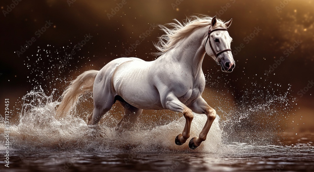 Obraz premium A stunning white horse galloping through water, creating splashes against a rich brown backdrop