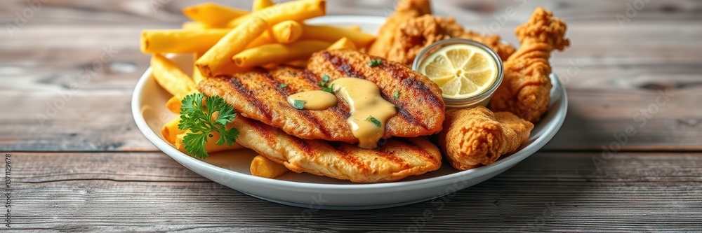Grilled chicken, fried chicken, and french fries on a white plate Grilled chicken, fried chicken, and french fries on a white plate