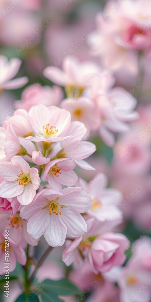 Fototapeta premium Delicate pink blossoms create a serene atmosphere in a garden during springtime bloom