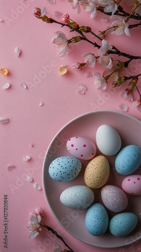 Colorful Easter Eggs Arranged on a Pastel Plate With Cherry Blossom Branches ...