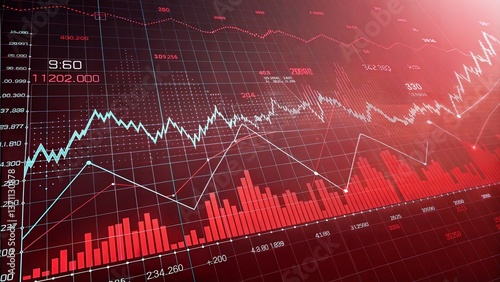 Abstract background depicting financial downturn, bankruptcy, loss, recession, crash, and economic crisis with a red stock market graph.	
