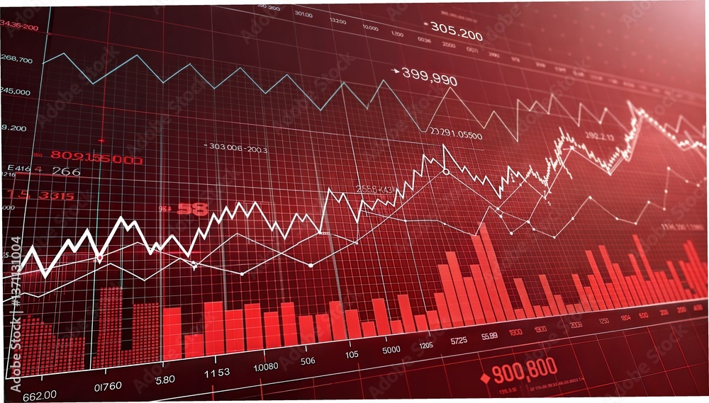 Naklejka premium Abstract background depicting financial downturn, bankruptcy, loss, recession, crash, and economic crisis with a red stock market graph. 