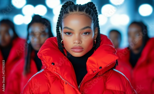 Young Model in Vibrant Red Puffer Jacket Poses Confidently Among Group in Sty...