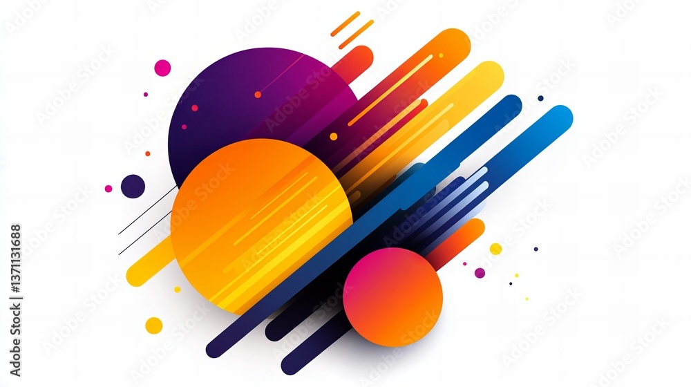 Abstract geometric shapes are arranged with vibrant color gradients against a clean white background creating a visually dynamic composition.