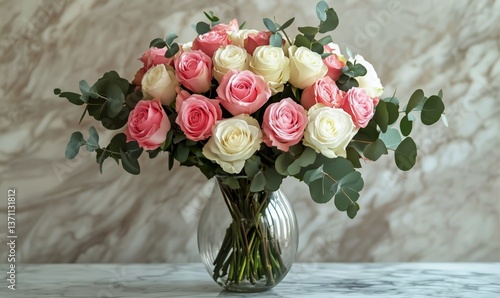 Beautiful Arrangement of Pink and Cream Roses in a Vase on a Marble Table Aga...