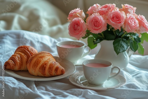Morning Breakfast on the Bed With Coffee, Croissant, and Pink Roses for a Per...
