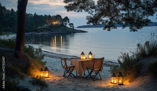 Romantic Candlelit Dinner Setup on a Beach at Sunset in a Serene Coastal Loca...