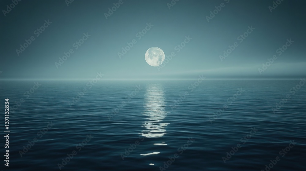 Serene Night: Moon's Reflection on Calm Ocean Waters Serene Night: Moon's Reflection on Calm Ocean Waters