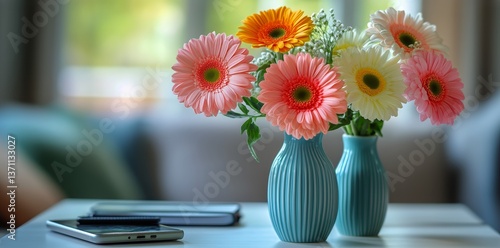 Bright Ranunculus Blooms in Modern Vases on a Table in a Cozy Living Room Wit...