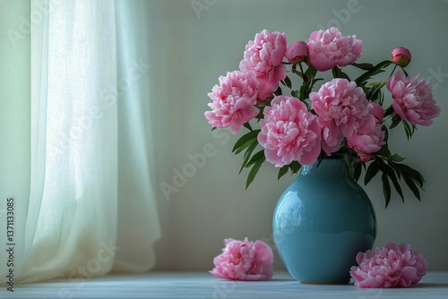 Beautiful Pink Peonies Arranged in a Teal Vase on a Light Background