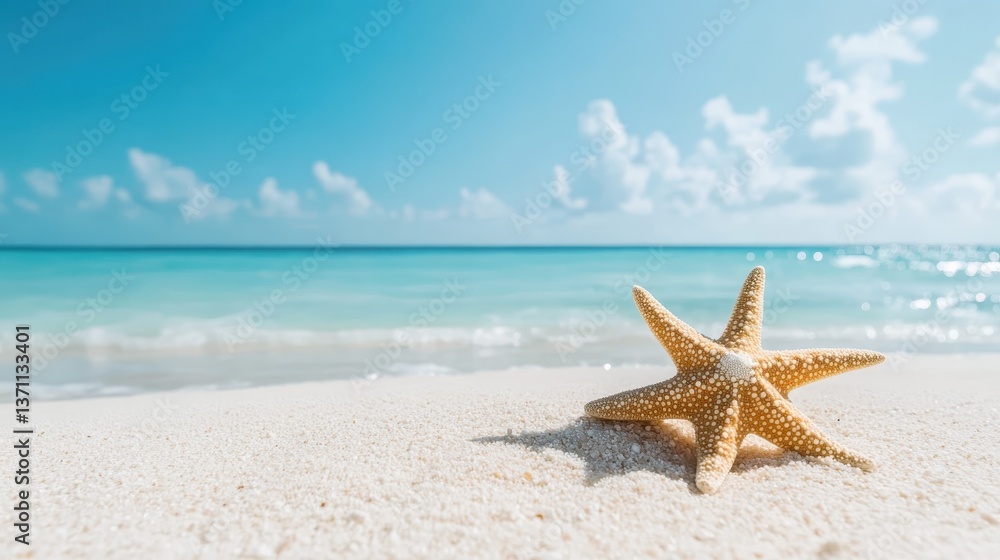 An eye-catching composition featuring a starfish on the sandy shore, with vibrant turquoise waves lapping gently at its base, under a bright sunny sky filled with clouds. An eye-catching composition featuring a starfish on the sandy shore, with vibrant turquoise waves lapping gently at its base, under a bright sunny sky filled with clouds.