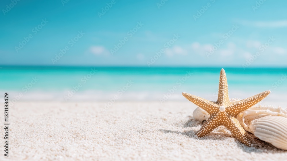 A delightful beach scene featuring a starfish nestled amongst seashells on pristine sand, with the tranquil turquoise ocean glinting under the sunlight in the background. A delightful beach scene featuring a starfish nestled amongst seashells on pristine sand, with the tranquil turquoise ocean glinting under the sunlight in the background.