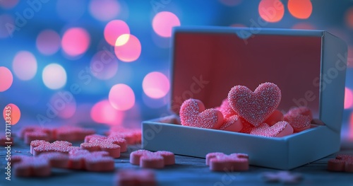 Colorful Heart Shaped Cookies in a White Box With Soft Lights in the Backgrou...