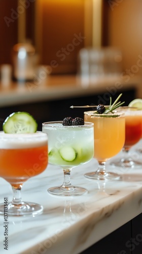 Colorful Cocktails Lined up on a Marble Bar in a Stylish Setting