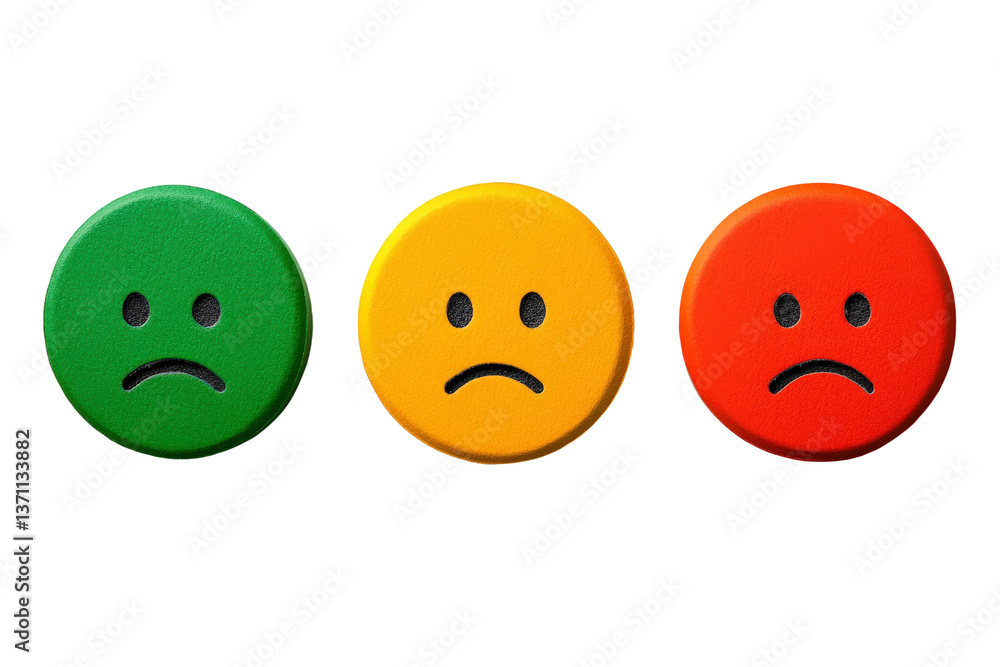 Colorful Buttons Representing Emotions, Negative and Positive Feelings, Expressions in Green Yellow and Red for Feedback and Communication Concepts