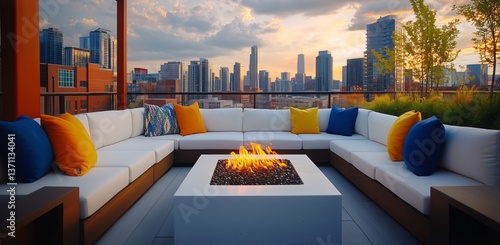 Cozy Rooftop Lounge With Vibrant Cushions and a Fire Pit Against a City Skyli...